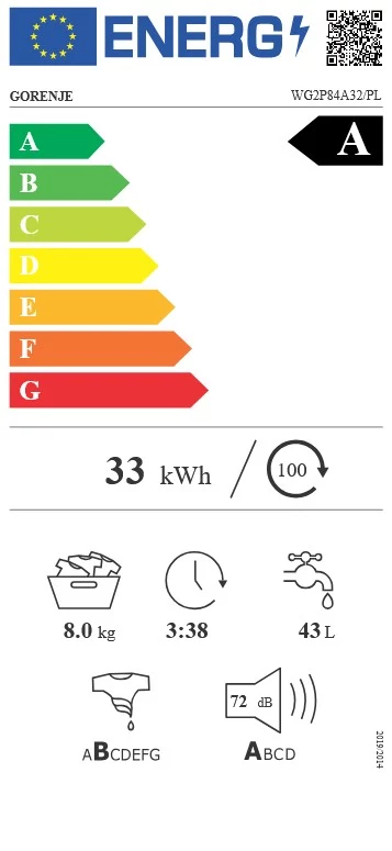 Gorenje WG2P84A32/PL brīvi stāvoša priekšpuses ielādes