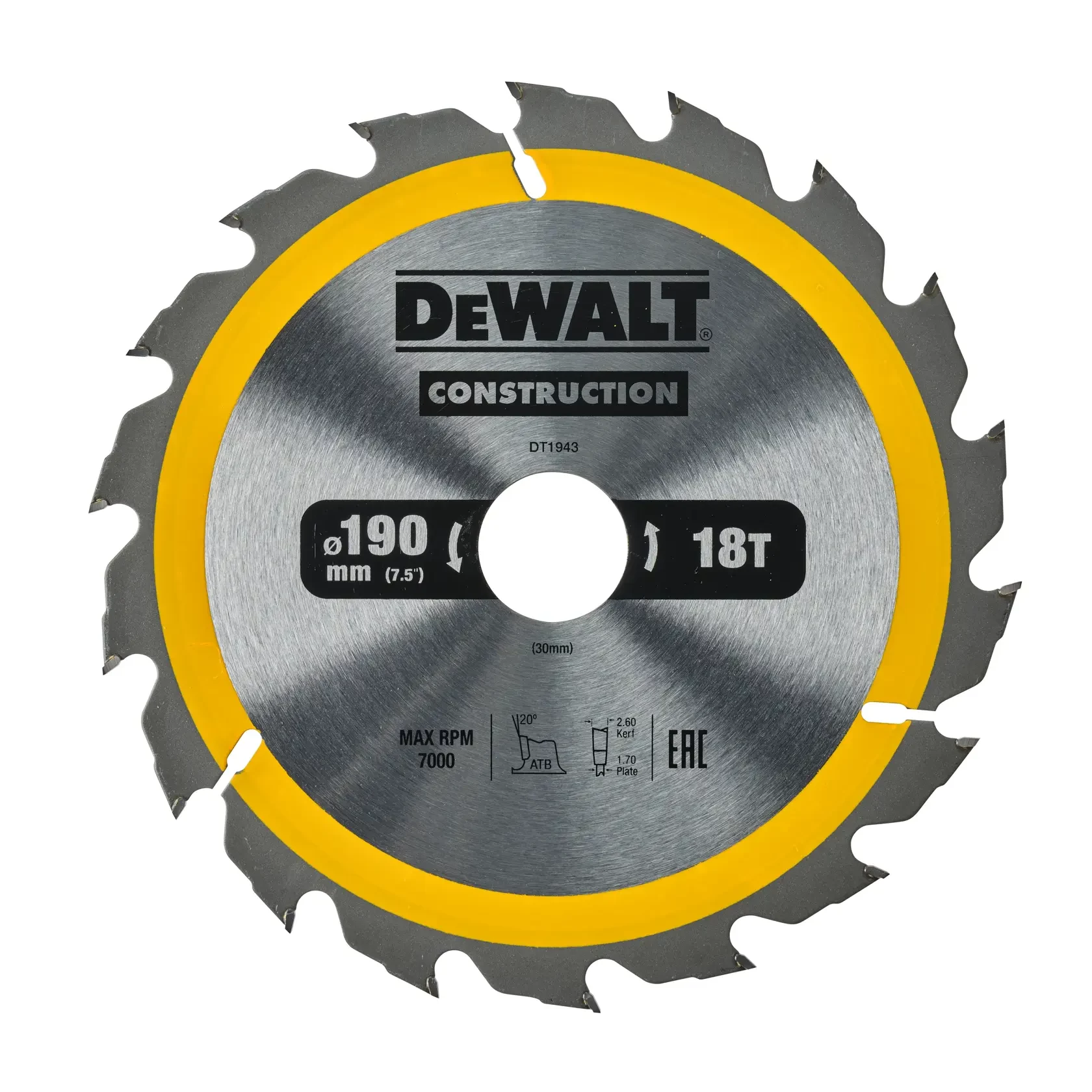 DEWALT ripzāģa asmens 190x30mm 18T +20°