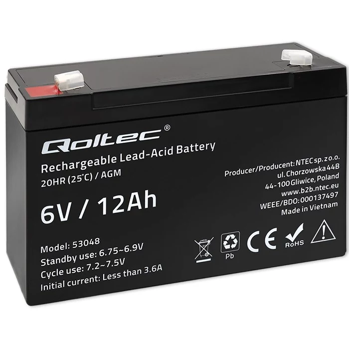 Qoltec AGM Battery 6V 12Ah Maintenance-Free