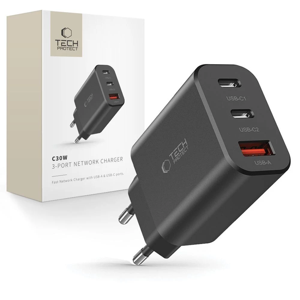 Tech-Protect NC30W 3-Port USB-C Lādētājs Melns