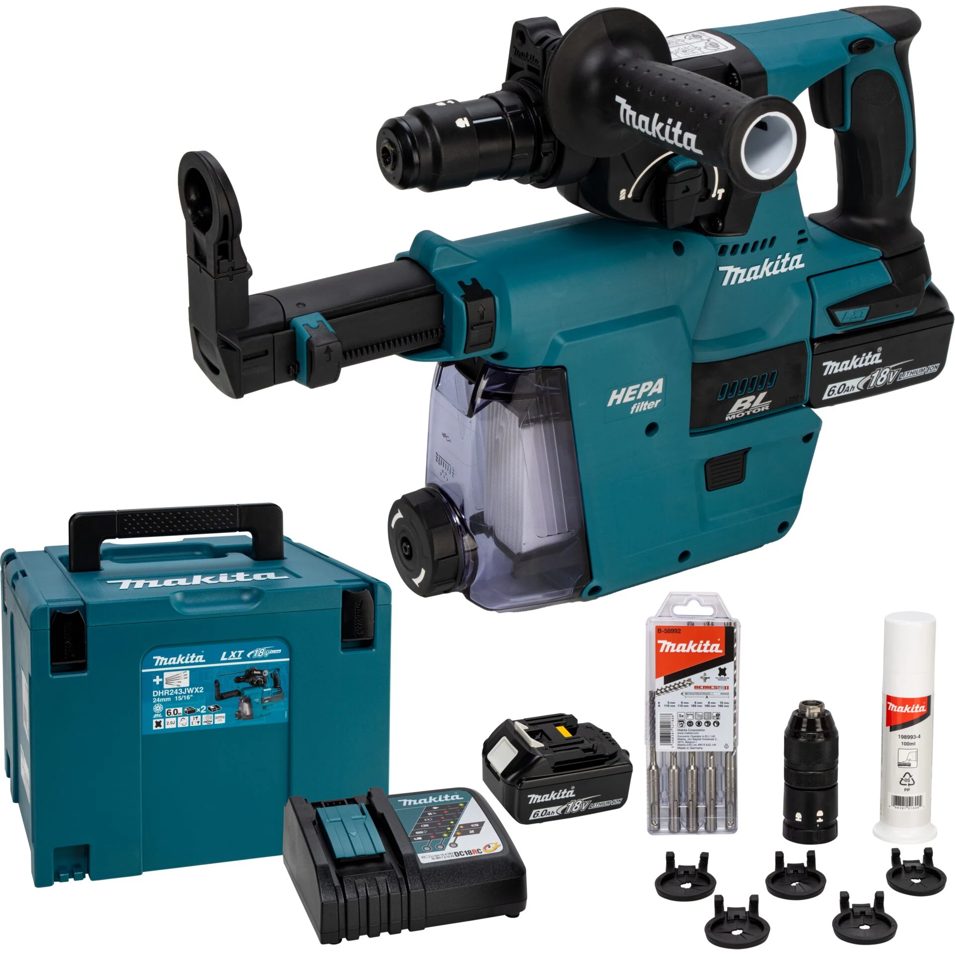 Makita DHR243JWX2 18V bezvadu triecienurbjmašīna ar