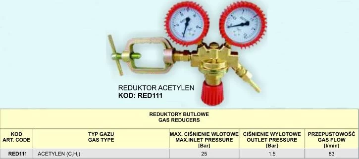 Acetilēna vienpakāpes regulators RED111 ar spiediena