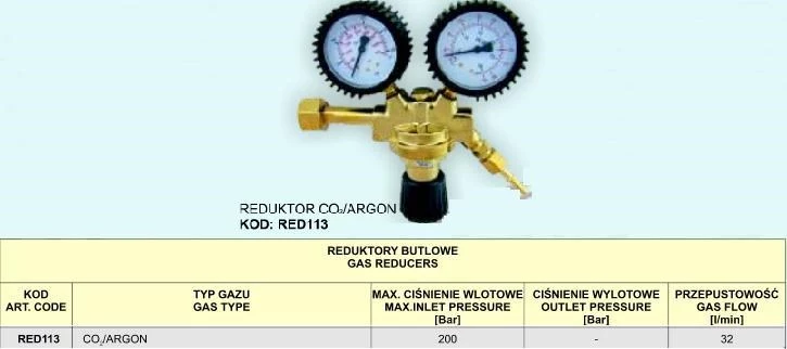 CO2/Argona divu manometru vienpakāpes regulators ar