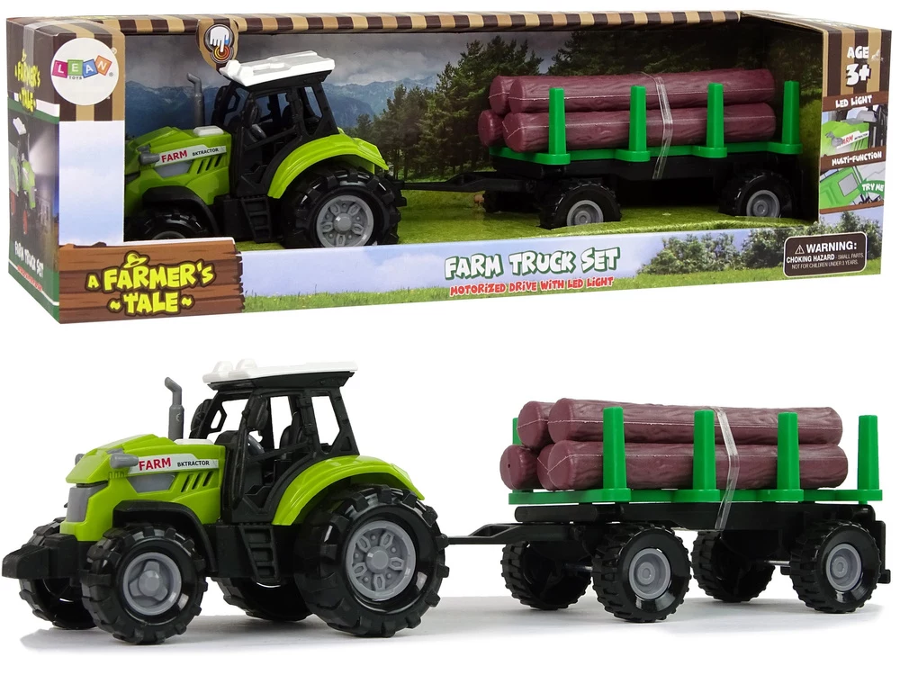 LEAN TOYS zaļais traktors ar baļķu