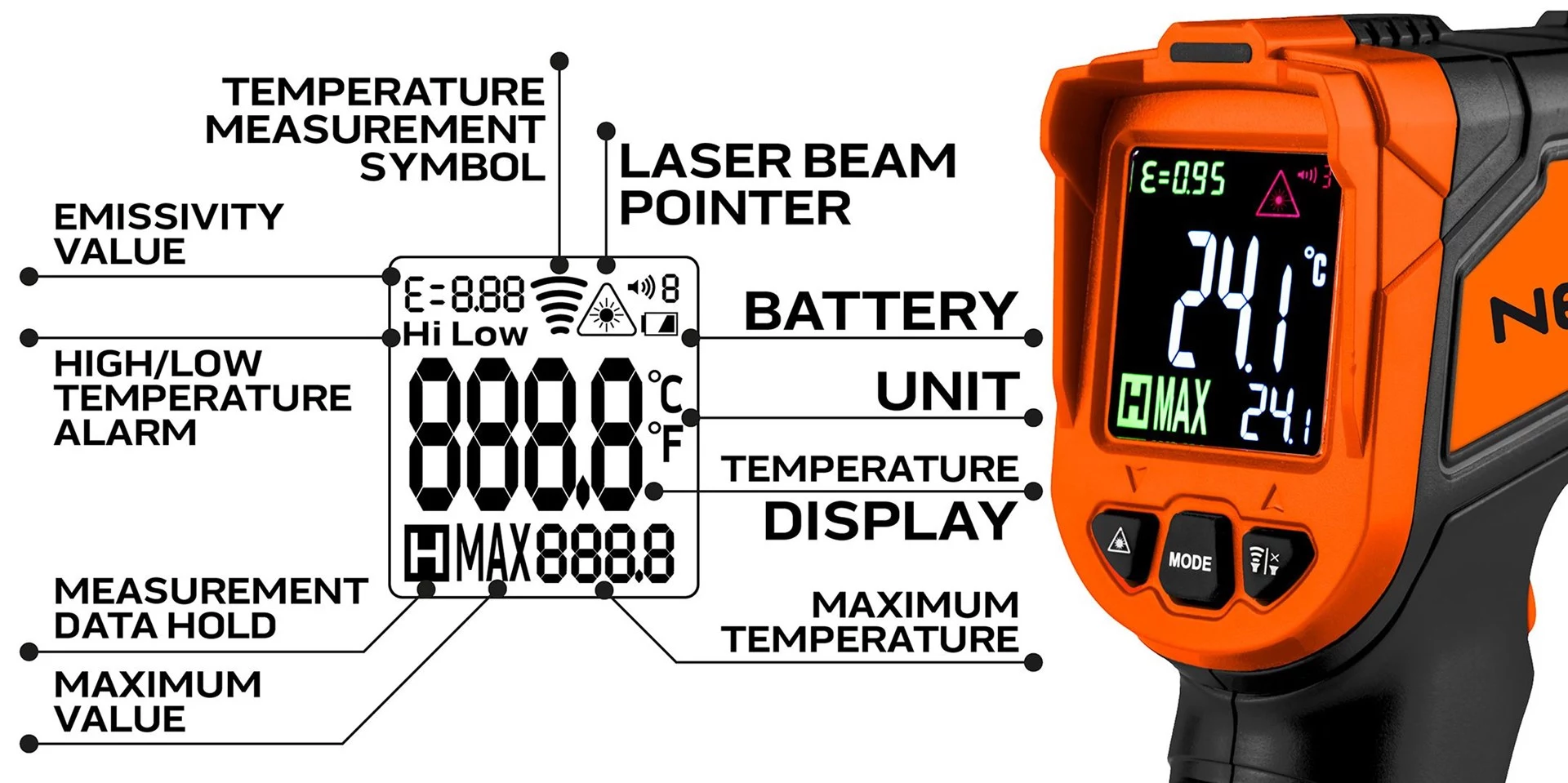 NEO TOOLS 75-276 pirometrs, bezkontakta infrasarkanais