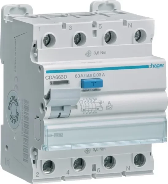 HAGER CDA663D Diferenciālās aizsardzības automāts 4P