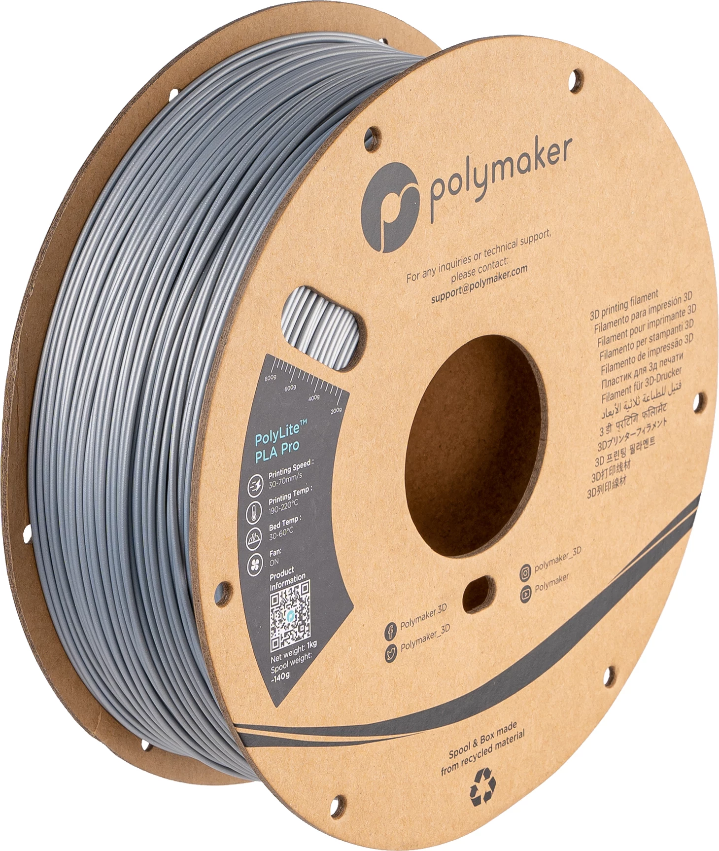 Polymaker PA07007 Metāliski sudraba PLA Pro