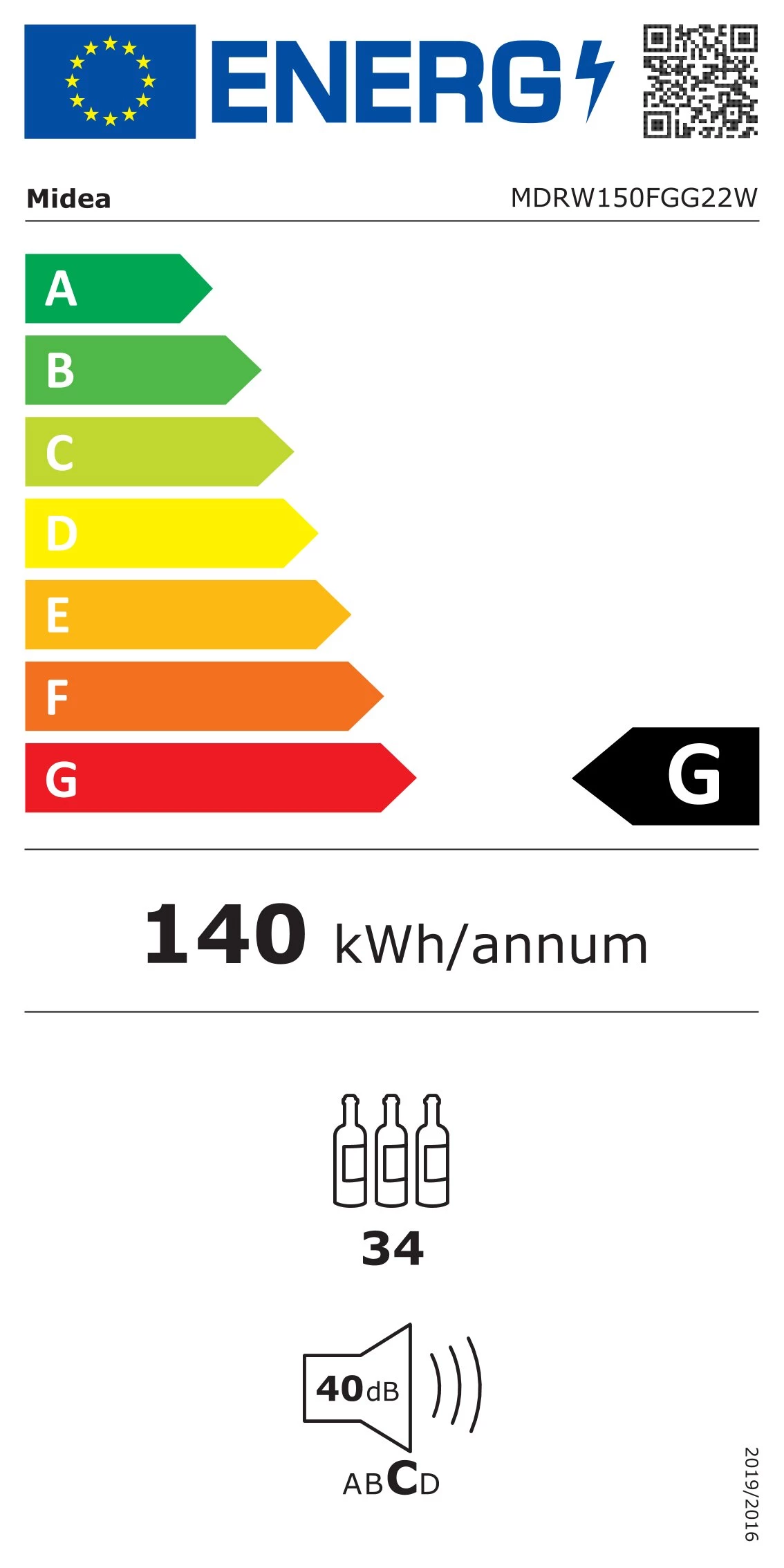Midea Vīna dzesētājs MDRW150FGG22W Brīvstāvošs 34